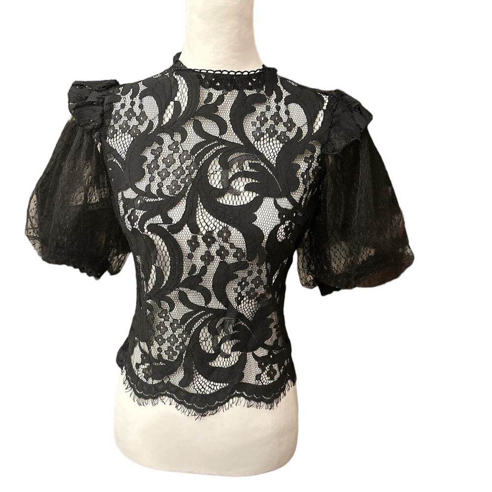 Peach Small Black Lace Sheer Short Sleeve Top